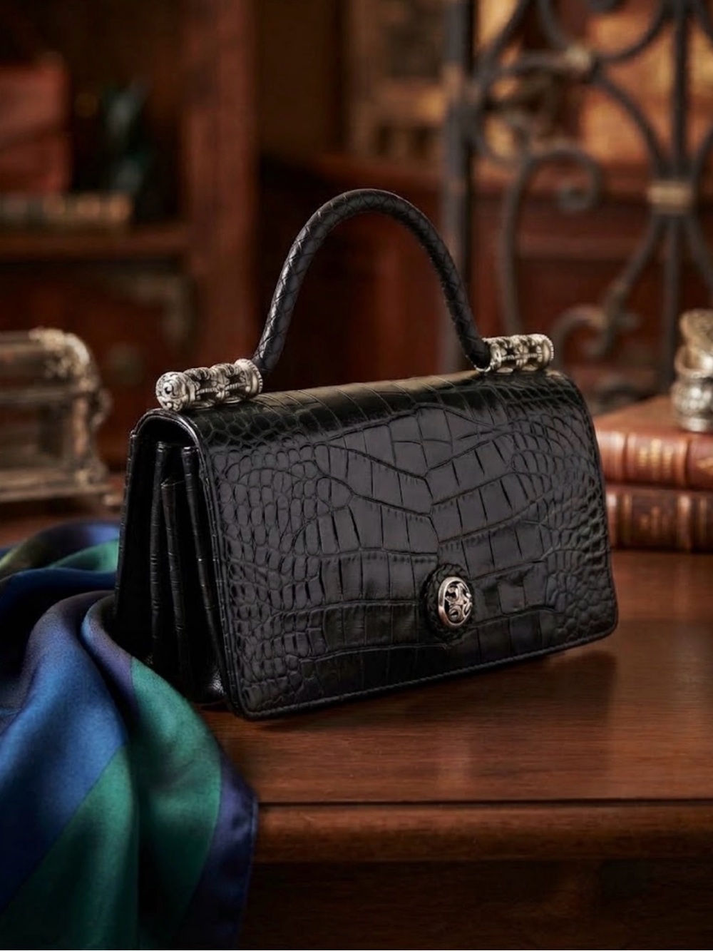 Brighton Vintage Crocodile Embossed Leather Top Handle Bag Chic Luxury